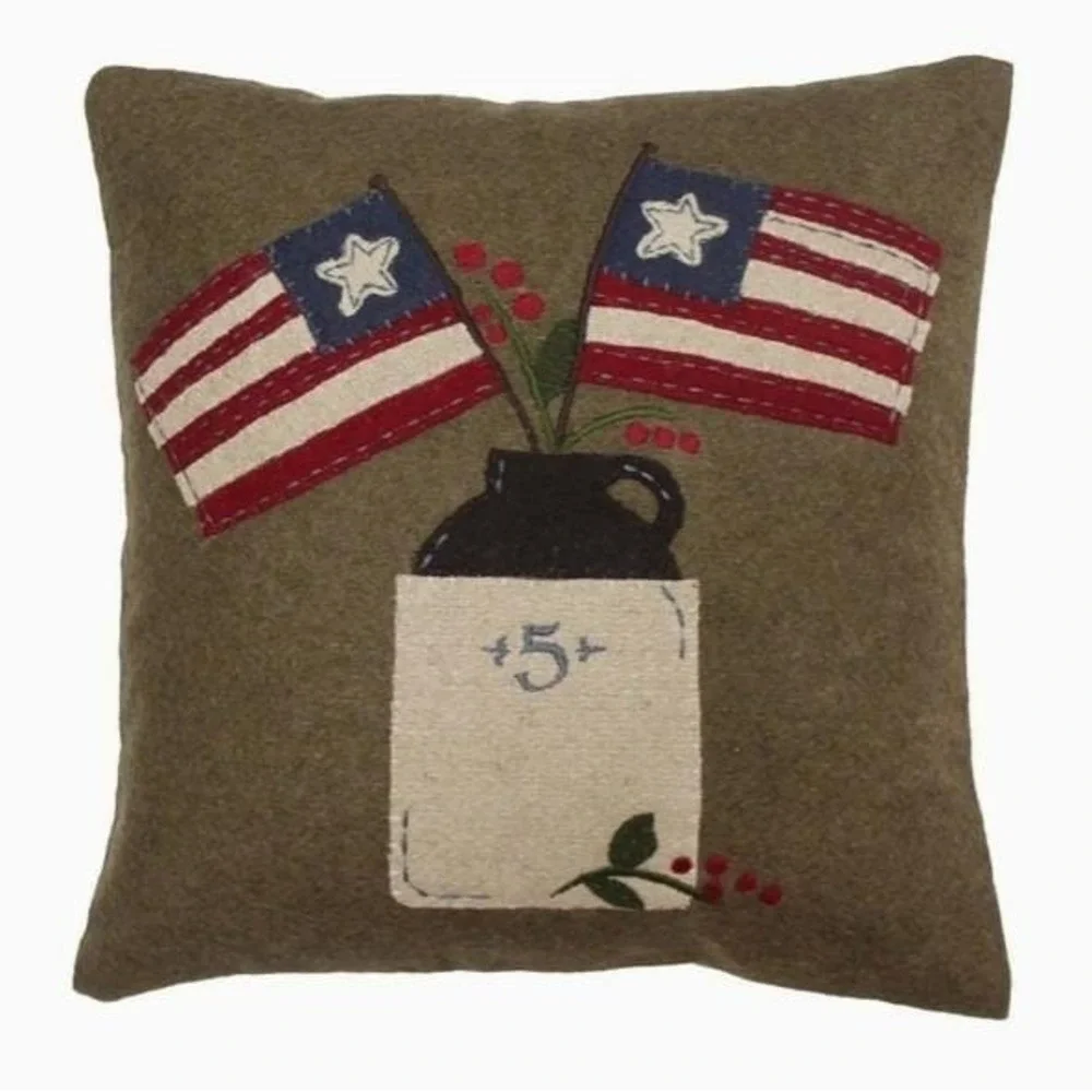 Primitive Colonial Farmhouse American Flag & Crock Wool Felt Pillow 14